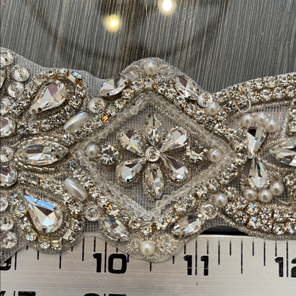 Bridal Dress Belt Silver Rhinestone Crystal with Faux Pearls & Grey Ribbon - Picture 13 of 17